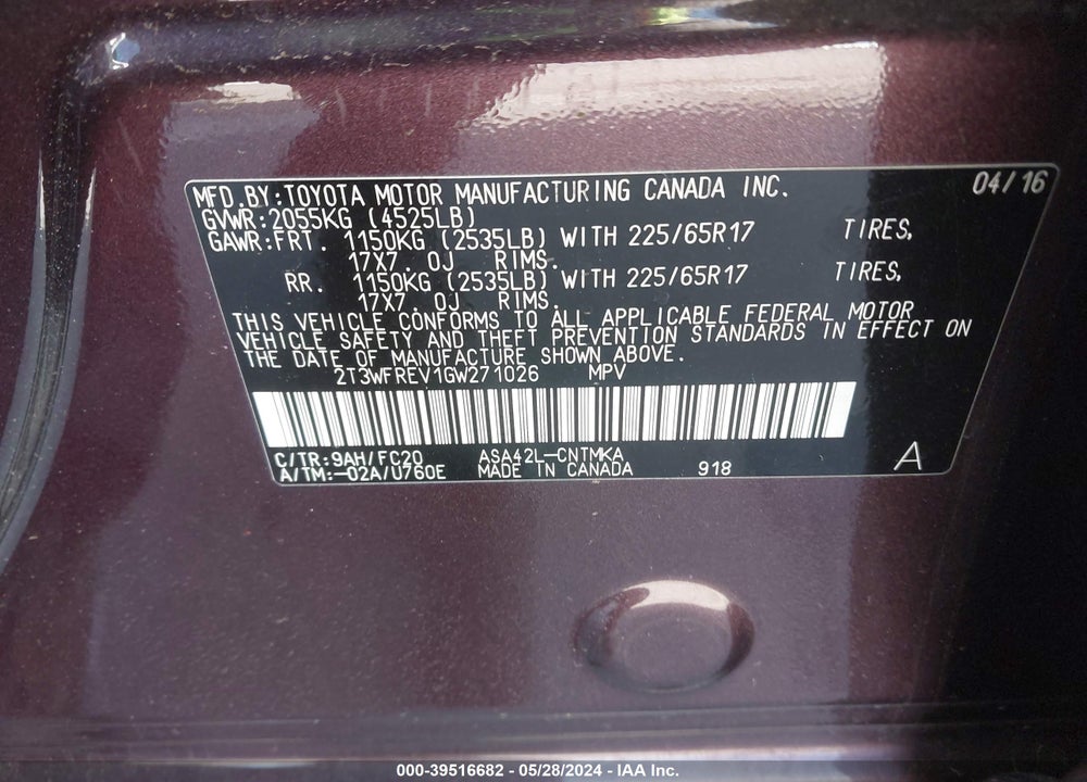 2016 TOYOTA RAV4 XLE VIN: 2T3WFREV1GW271026