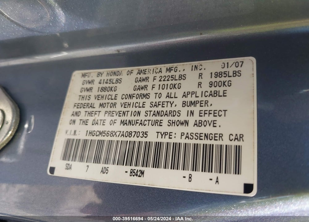 2007 HONDA ACCORD 2.4 EX VIN: 1HGCM568X7A087035
