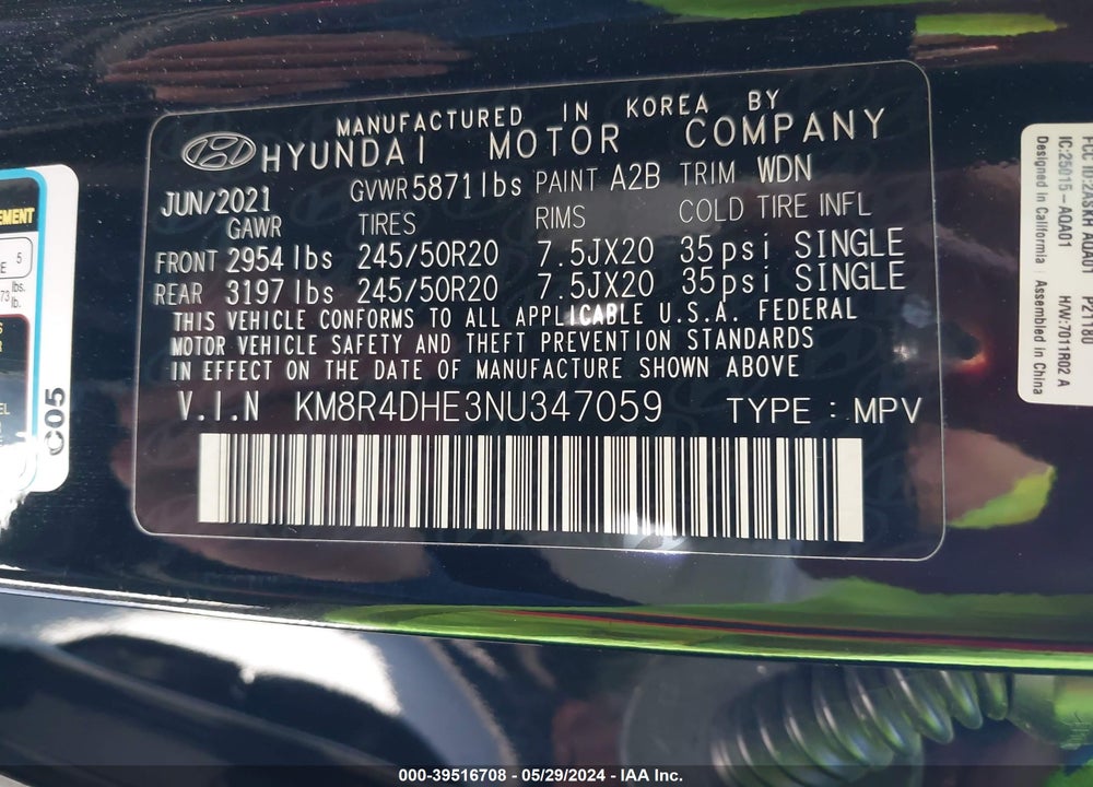 2022 HYUNDAI PALISADE SEL VIN: KM8R4DHE3NU347059