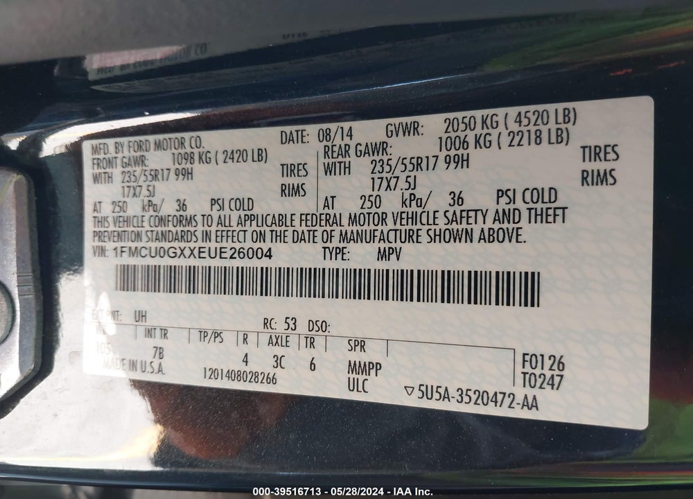 2014 FORD ESCAPE SE VIN: 1FMCU0GXXEUE26004