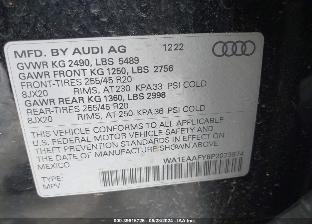 2023 AUDI Q5 PREMIUM PLUS 45 TFSI S LINE QUATTRO VIN: WA1EAAFY8P2073874