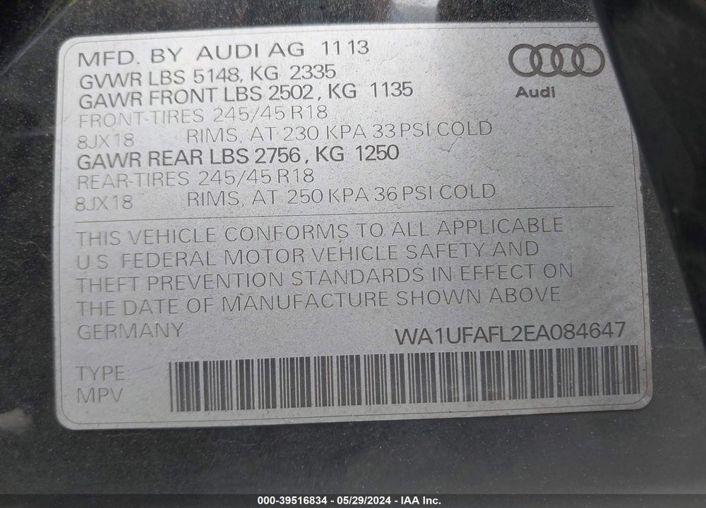 2014 AUDI ALLROAD 2.0T PREMIUM VIN: WA1UFAFL2EA084647