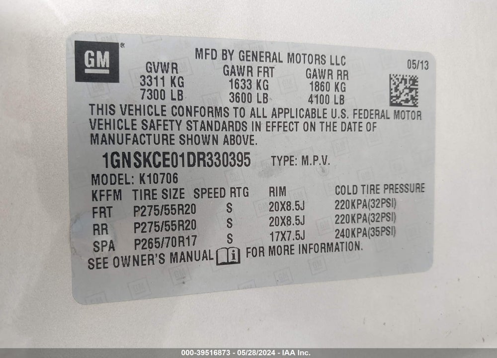 2013 CHEVROLET TAHOE LTZ VIN: 1GNSKCE01DR330395