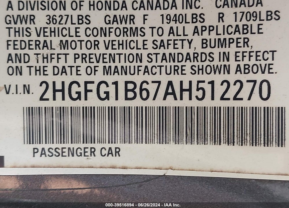 2010 HONDA CIVIC LX VIN: 2HGFG1B67AH512270