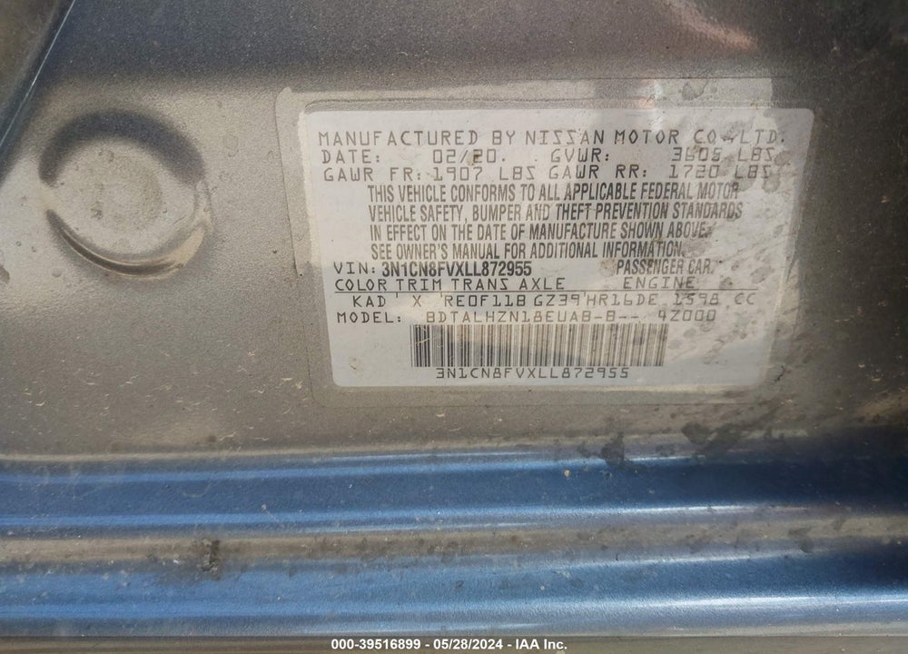 2020 NISSAN VERSA SR XTRONIC CVT VIN: 3N1CN8FVXLL872955