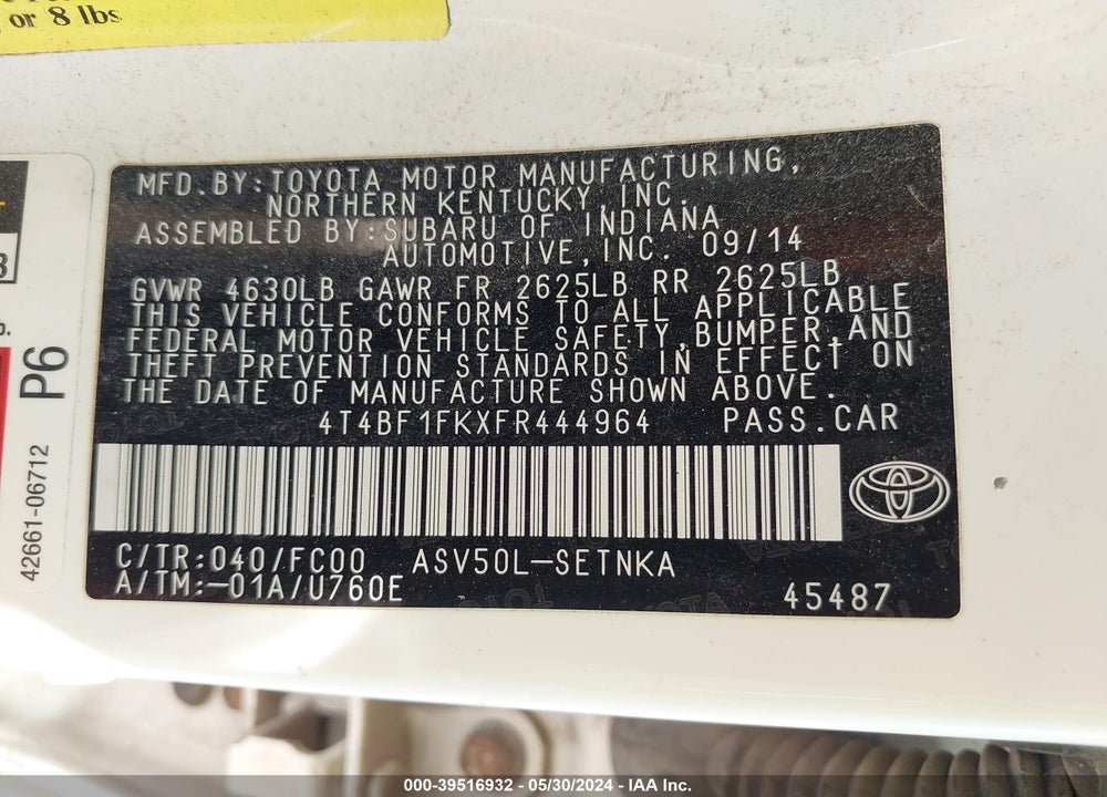 2015 TOYOTA CAMRY LE VIN: 4T4BF1FKXFR444964