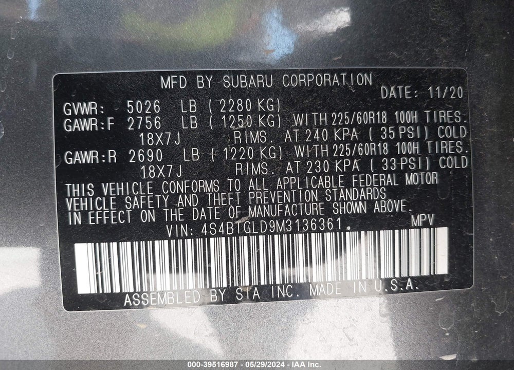 2021 SUBARU OUTBACK ONYX EDITION XT VIN: 4S4BTGLD9M3136361