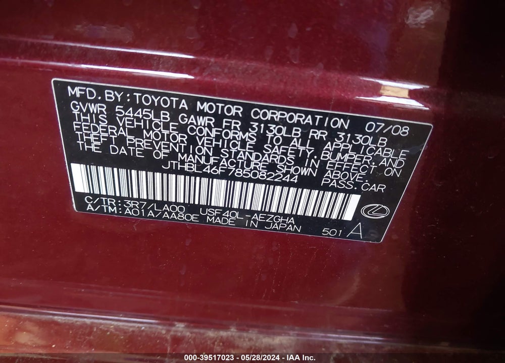2008 LEXUS LS 460 VIN: JTHBL46F785082244