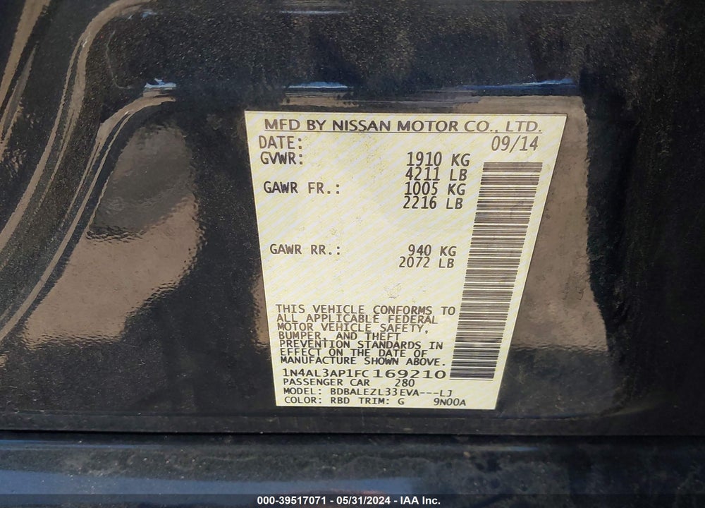 2015 NISSAN ALTIMA 2.5 S VIN: 1N4AL3AP1FC169210