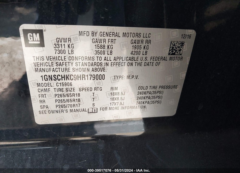 2017 CHEVROLET SUBURBAN LT VIN: 1GNSCHKC9HR179000