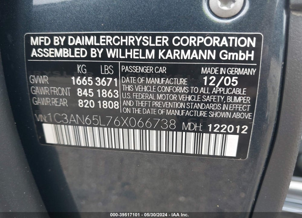 2006 CHRYSLER CROSSFIRE LIMITED VIN: 1C3AN65L76X066738