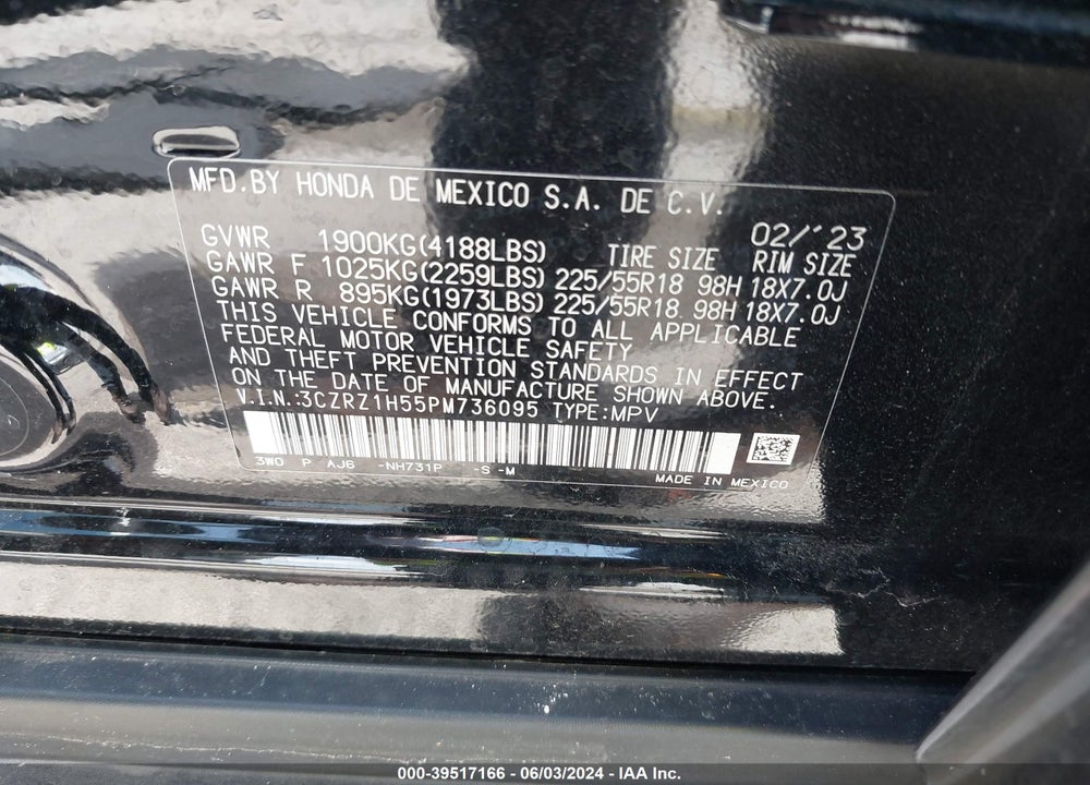 2023 HONDA HR-V 2WD SPORT VIN: 3CZRZ1H55PM736095