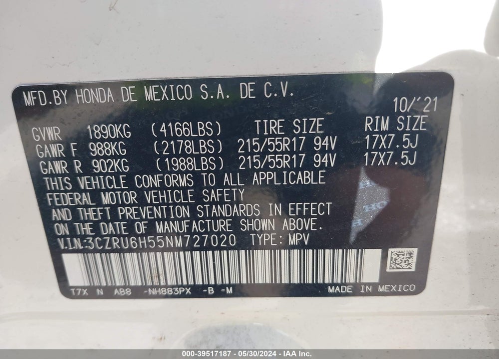 2022 HONDA HR-V AWD EX VIN: 3CZRU6H55NM727020
