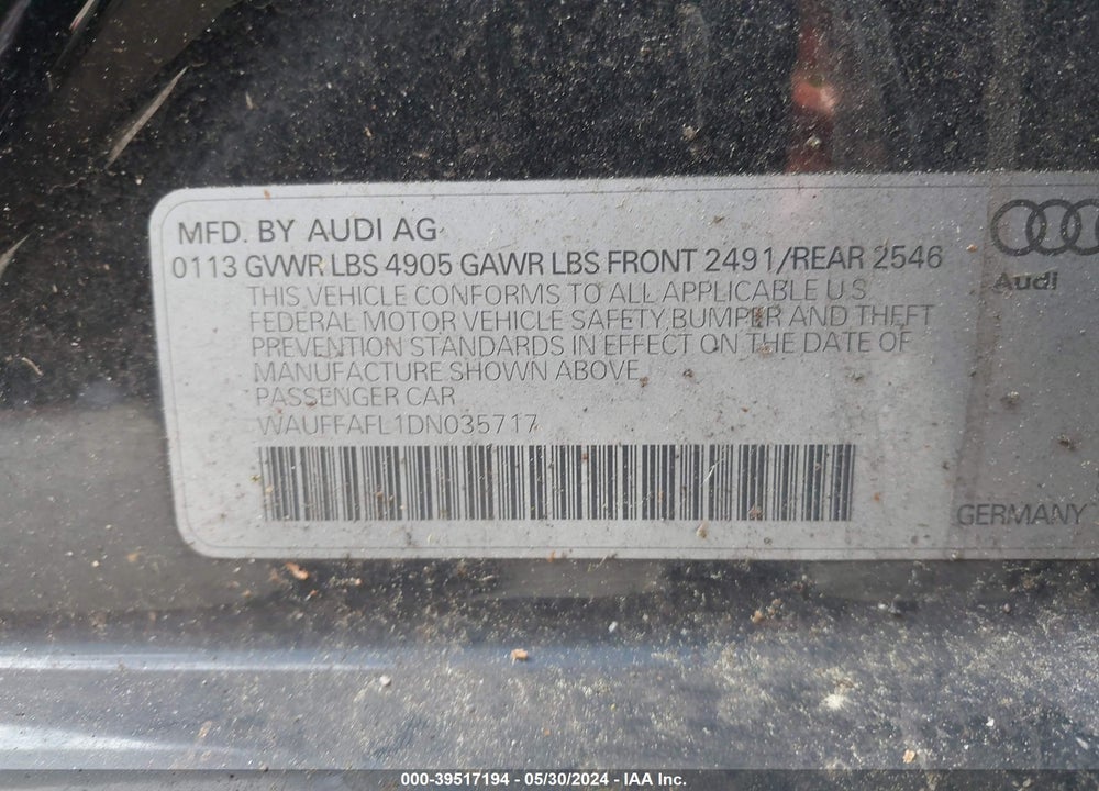 2013 AUDI A4 2.0T PREMIUM VIN: WAUFFAFL1DN035717