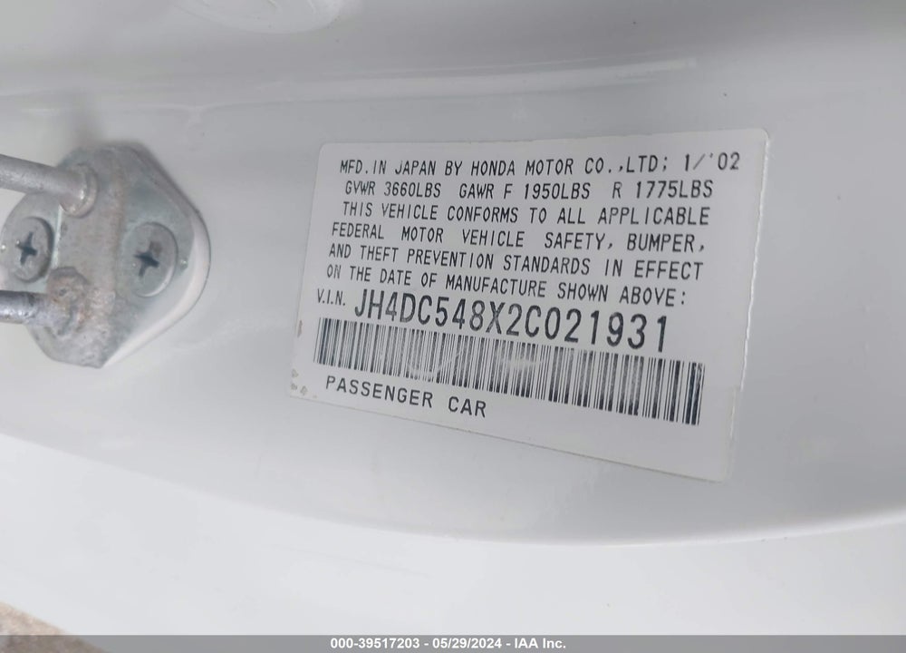 2002 ACURA RSX AUTO/AUTO W/LEATHER VIN: JH4DC548X2C021931