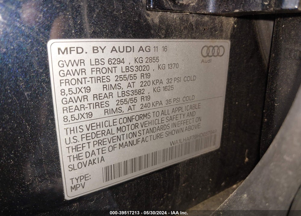 2017 AUDI Q7 2.0T PREMIUM VIN: WA1LHAF79HD037949
