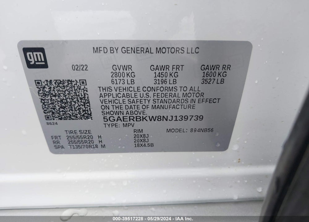 2022 BUICK ENCLAVE FWD ESSENCE VIN: 5GAERBKW8NJ139739