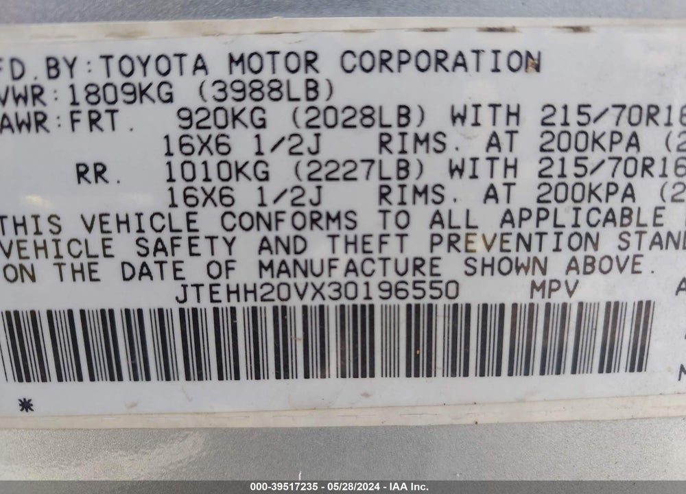 2003 TOYOTA RAV4 VIN: JTEHH20VX30196550