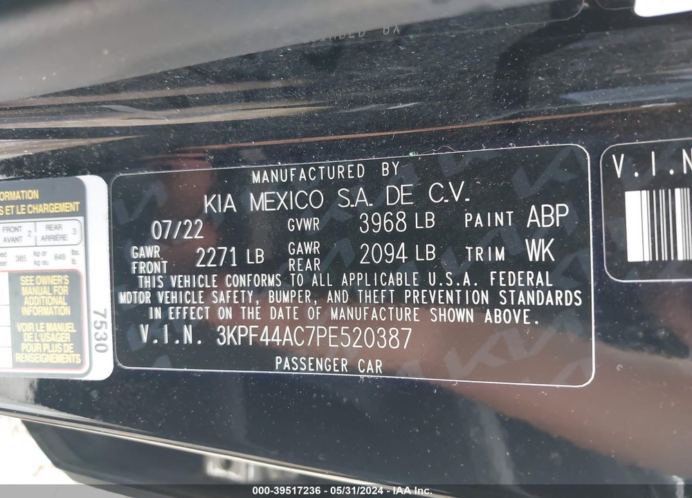 2023 KIA FORTE GT VIN: 3KPF44AC7PE520387