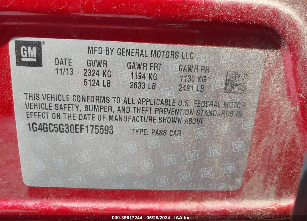 2014 BUICK LACROSSE LEATHER GROUP VIN: 1G4GC5G30EF175593