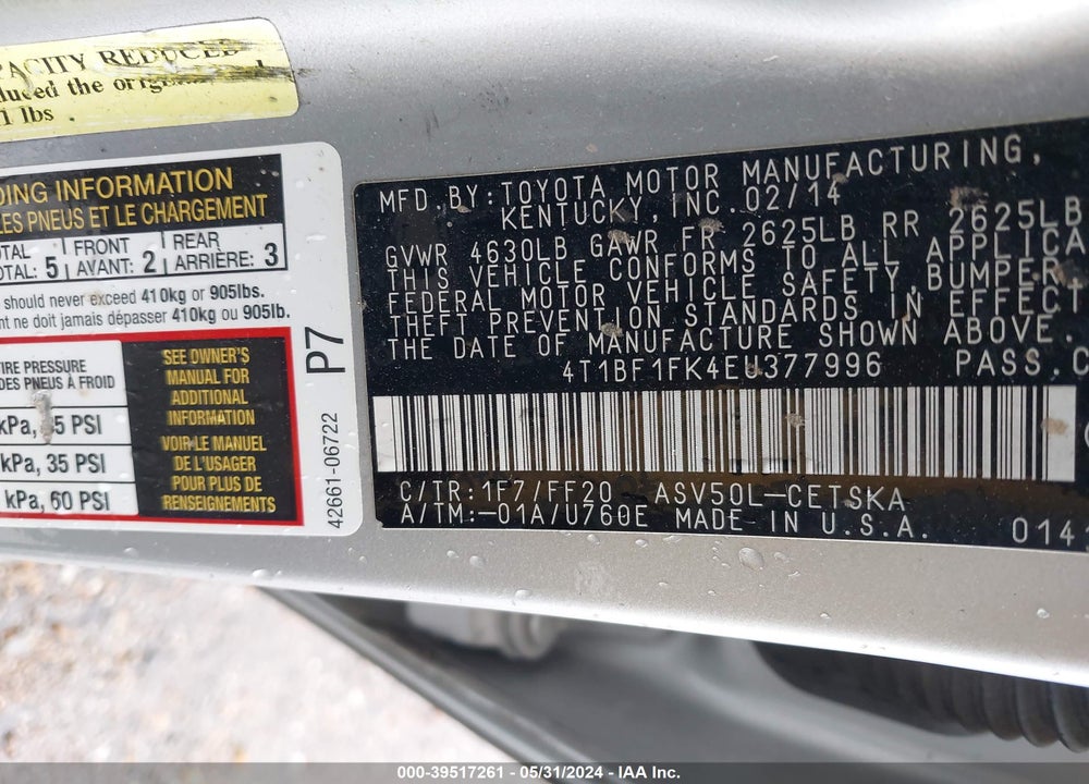 2014 TOYOTA CAMRY SE VIN: 4T1BF1FK4EU377996