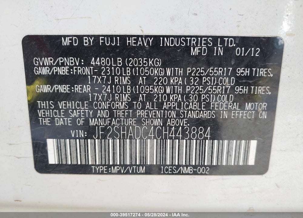 2012 SUBARU FORESTER 2.5X PREMIUM VIN: JF2SHADC4CH443884