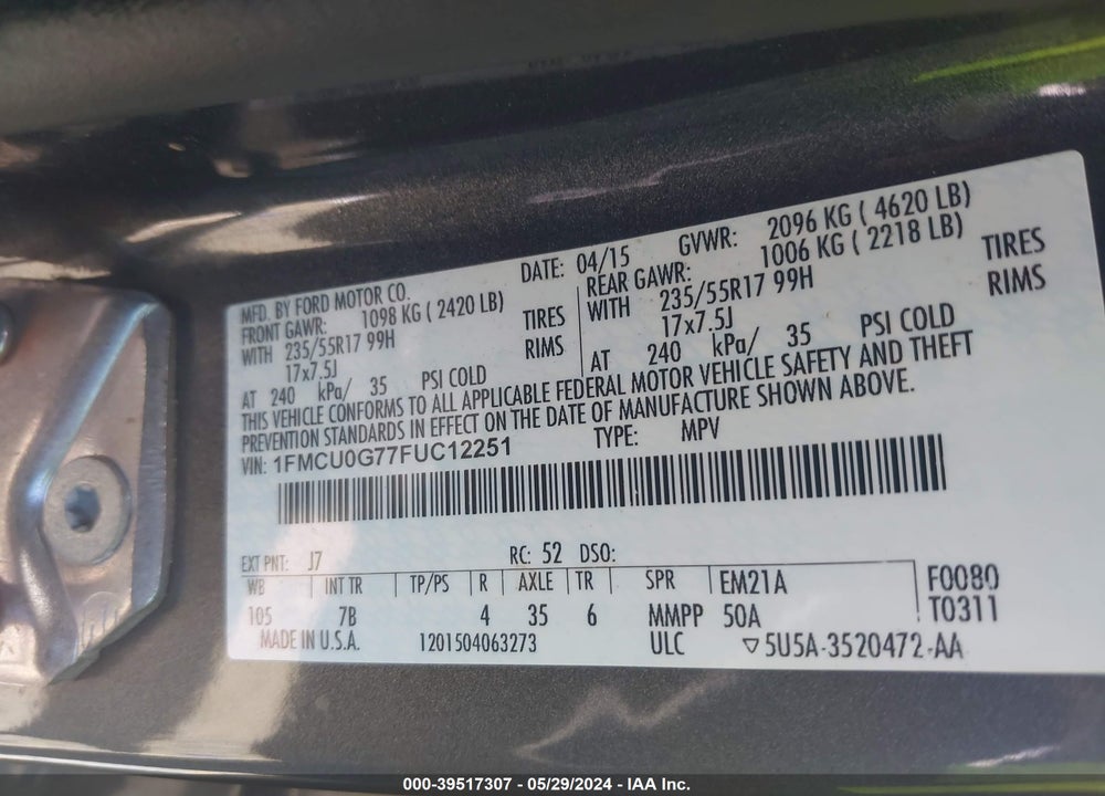 2015 FORD ESCAPE SE VIN: 1FMCU0G77FUC12251