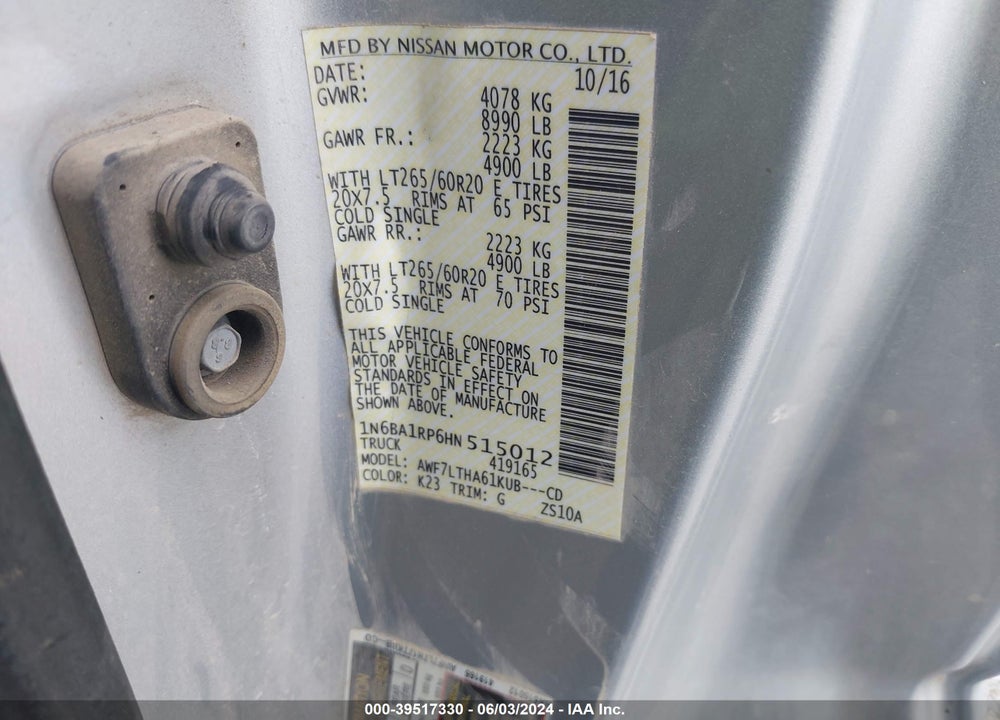 2017 NISSAN TITAN XD VIN: 1N6BA1RP6HN515012