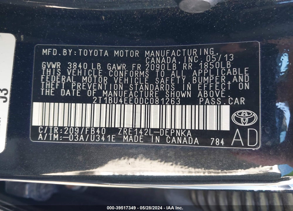 2013 TOYOTA COROLLA LE VIN: 2T1BU4EE0DC081263