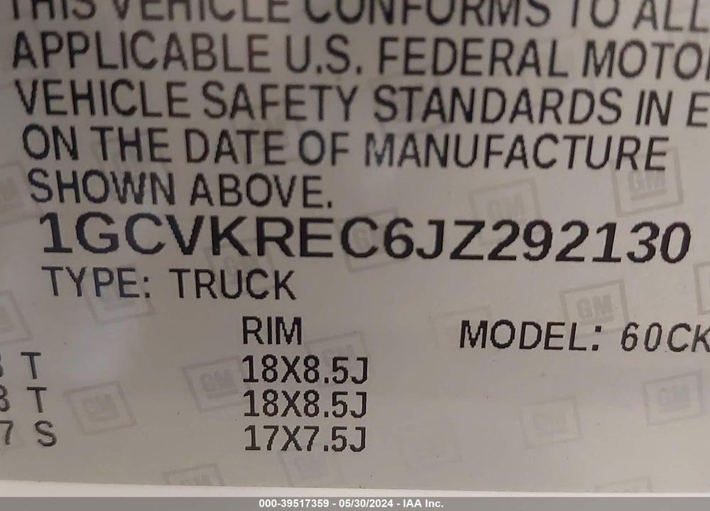 2018 CHEVROLET SILVERADO 1500 1LT VIN: 1GCVKREC6JZ292130