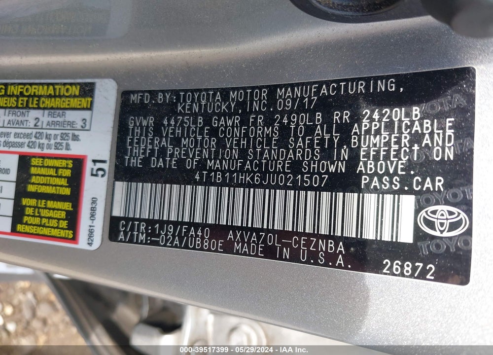 2018 TOYOTA CAMRY LE VIN: 4T1B11HK6JU021507