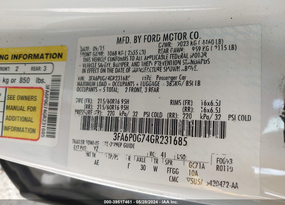 2016 FORD FUSION S VIN: 3FA6P0G74GR231685