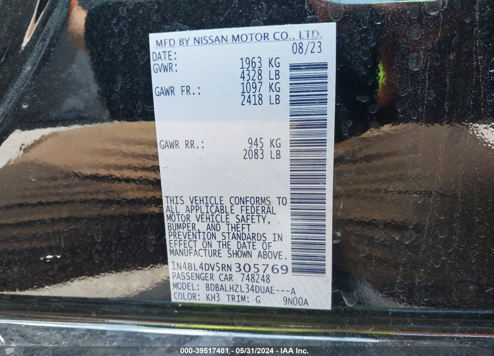 2024 NISSAN ALTIMA SV FWD VIN: 1N4BL4DV5RN305769
