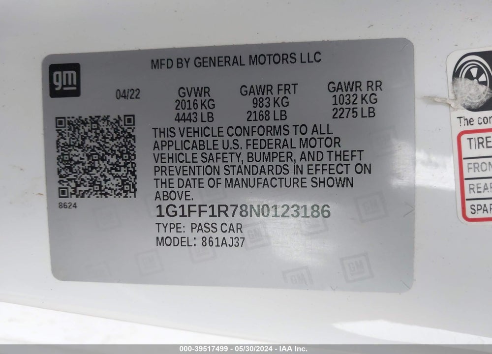 2022 CHEVROLET CAMARO RWD LT1 VIN: 1G1FF1R78N0123186