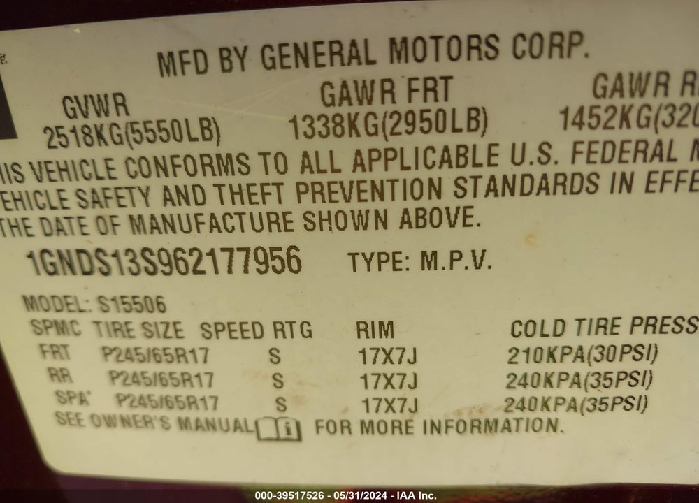 2006 CHEVROLET TRAILBLAZER LT VIN: 1GNDS13S962177956