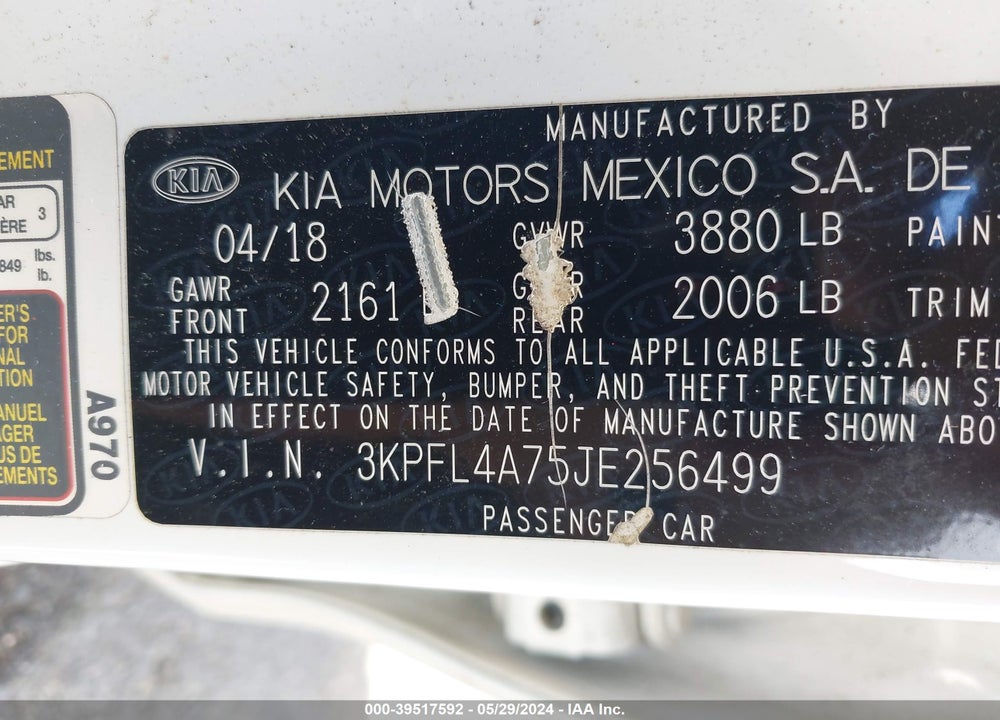 2018 KIA FORTE LX VIN: 3KPFL4A75JE256499