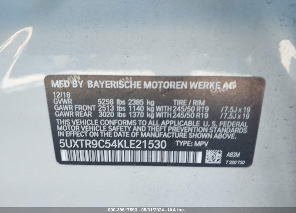 2019 BMW X3 XDRIVE30I VIN: 5UXTR9C54KLE21530