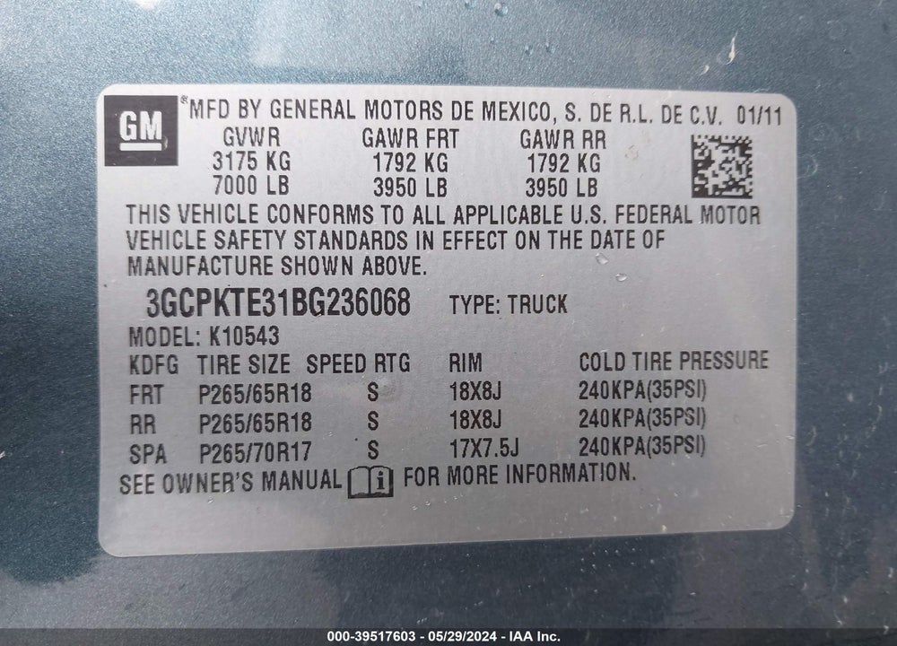 2011 CHEVROLET SILVERADO 1500 LTZ VIN: 3GCPKTE31BG236068