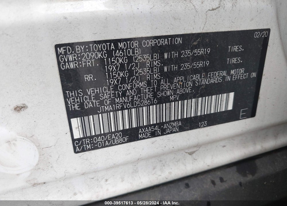 2020 TOYOTA RAV4 XLE PREMIUM VIN: JTMA1RFV6LD528616