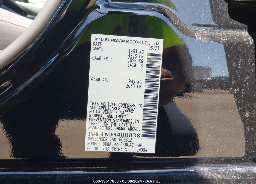2021 NISSAN ALTIMA SV FWD VIN: 1N4BL4DV1MN400838