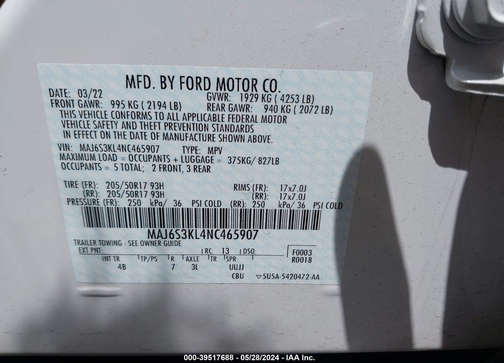 2022 FORD ECOSPORT TITANIUM VIN: MAJ6S3KL4NC465907