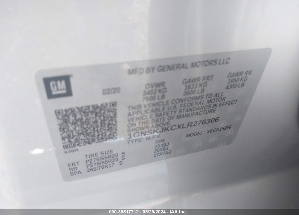 2020 CHEVROLET SUBURBAN 4WD PREMIER VIN: 1GNSKJKCXLR276306