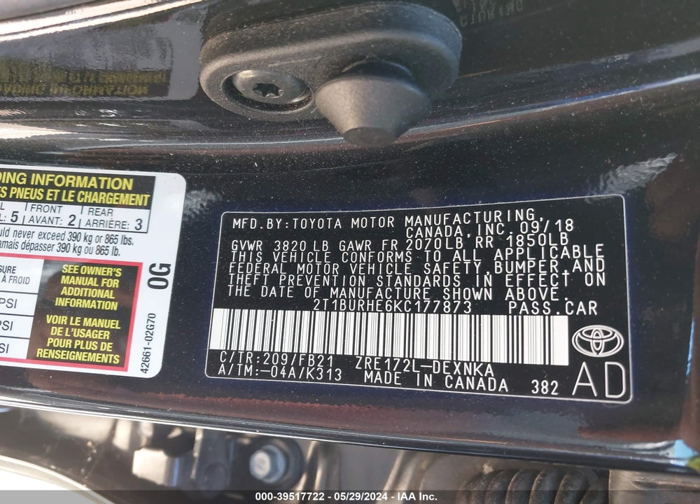 2019 TOYOTA COROLLA LE VIN: 2T1BURHE6KC177873