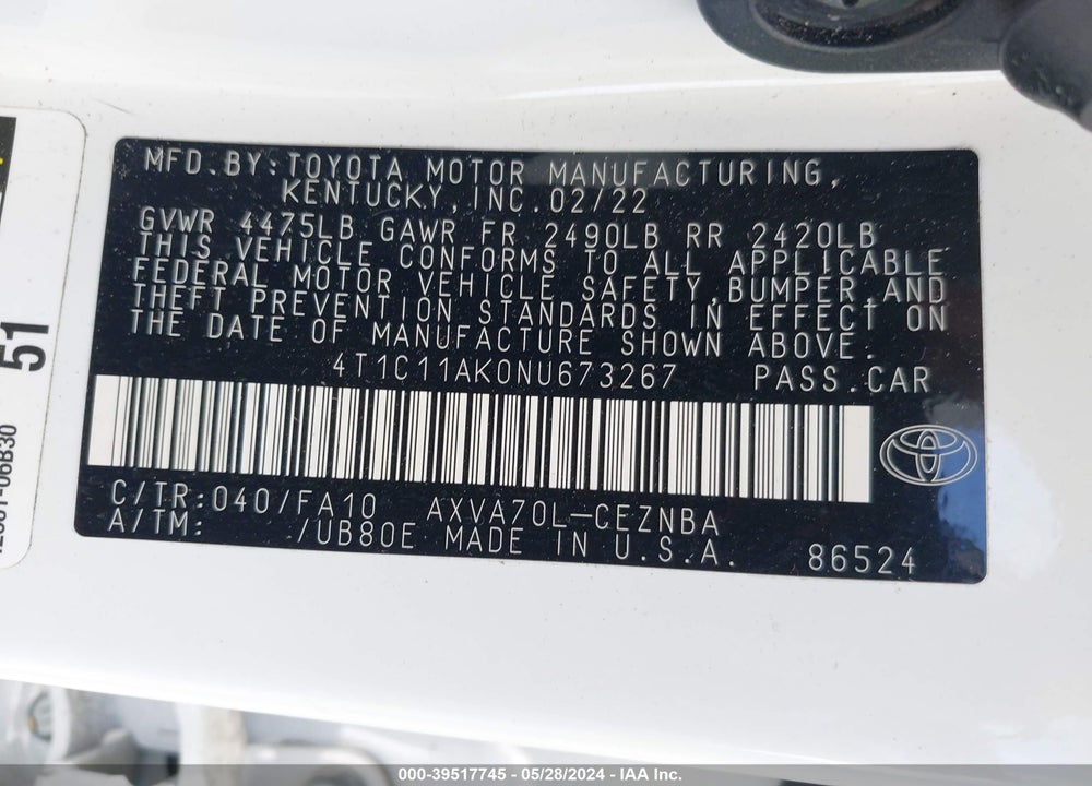 2022 TOYOTA CAMRY LE VIN: 4T1C11AK0NU673267