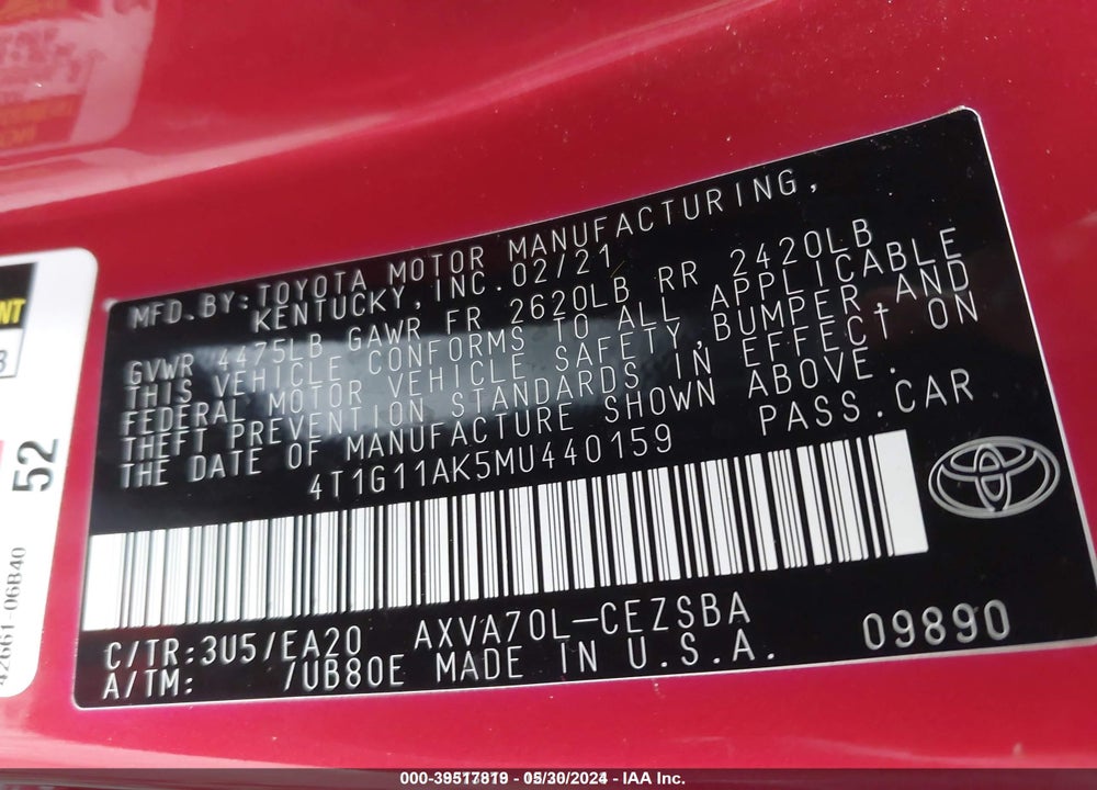 2021 TOYOTA CAMRY SE VIN: 4T1G11AK5MU440159