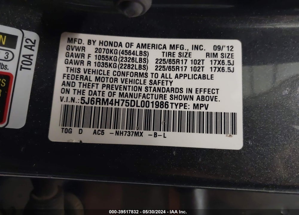 2013 HONDA CR-V EX-L VIN: 5J6RM4H75DL001986