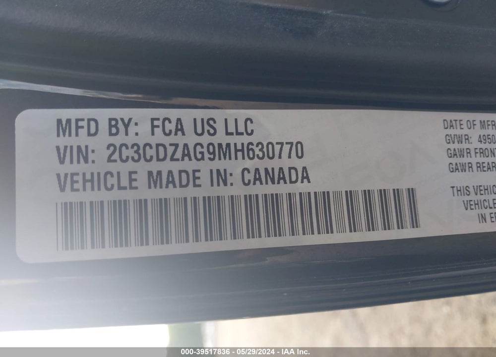 2021 DODGE CHALLENGER SXT VIN: 2C3CDZAG9MH630770