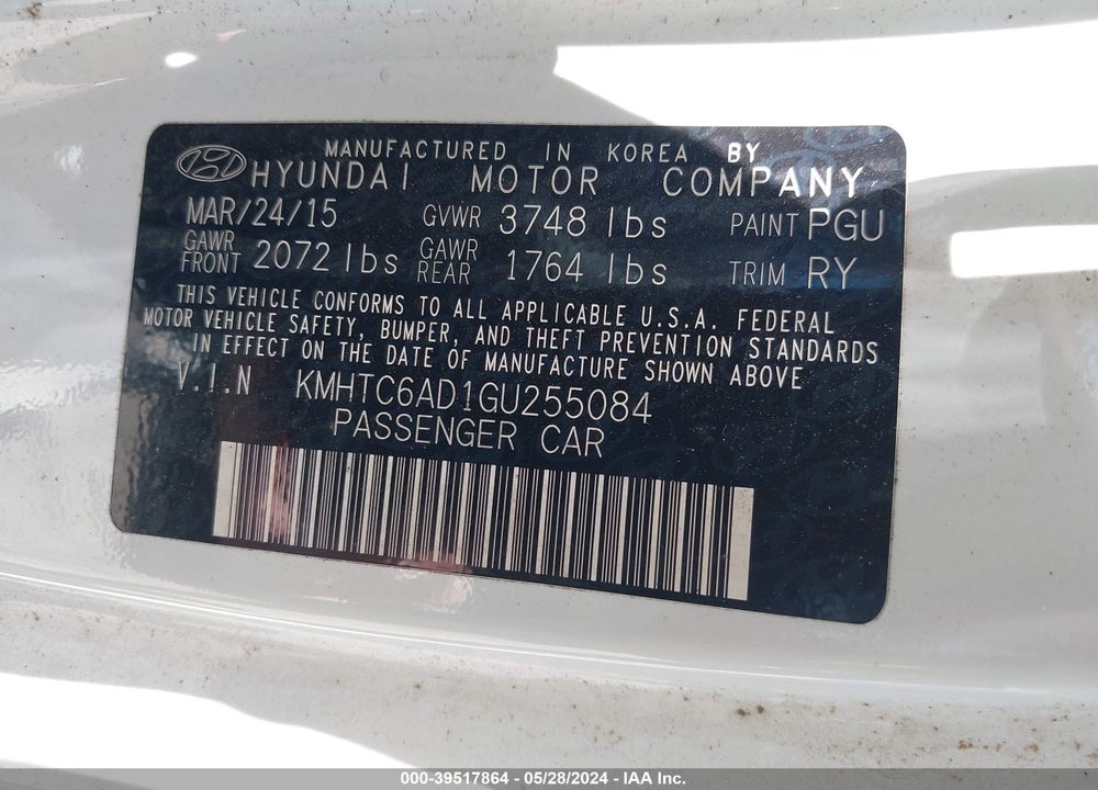 2016 HYUNDAI VELOSTER VIN: KMHTC6AD1GU255084