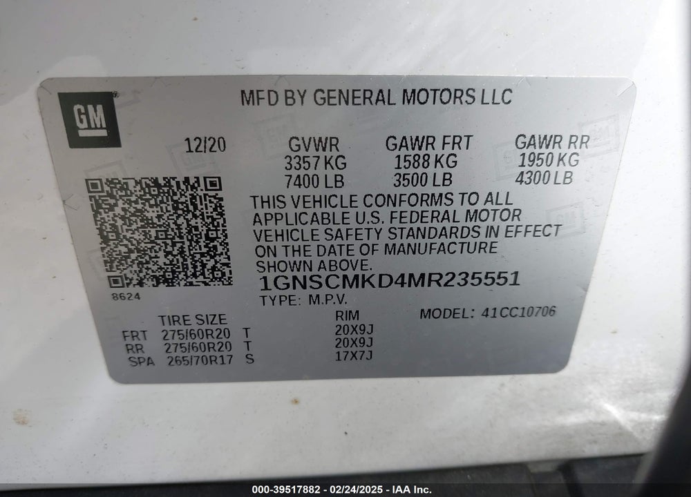 2021 CHEVROLET TAHOE 2WD LS VIN: 1GNSCMKD4MR235551