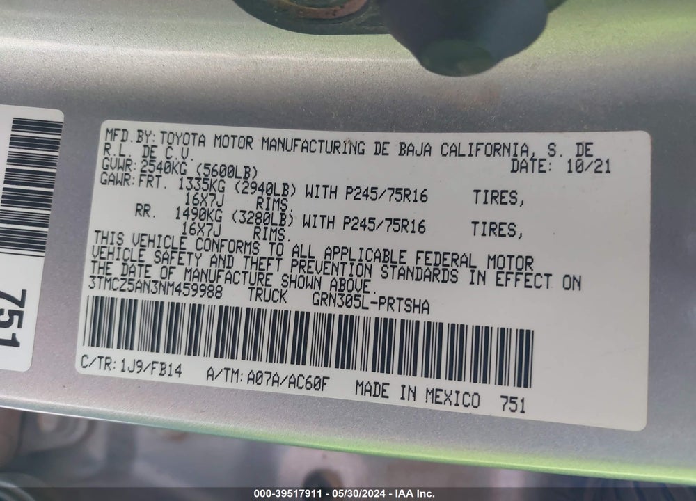 2022 TOYOTA TACOMA SR V6 VIN: 3TMCZ5AN3NM459988
